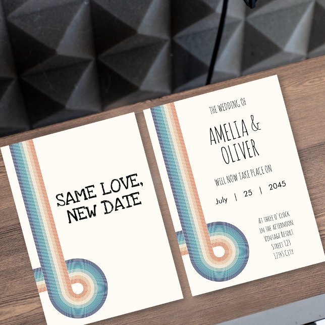 Invitation Report de mariage Rétro Années 70 Rayures (Créateur téléchargé)