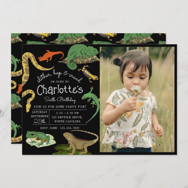 Invitation Reptile, lézards et amphibiens Enfants Photo Anniv (Devant / Derrière)