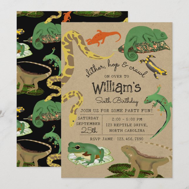 Invitation Reptile, Lizards & Amphibians Kids Birthday Kraft (Devant / Derrière)
