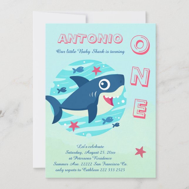 Invitation Requin bébé premier anniversaire sous la mer bleu (Devant)