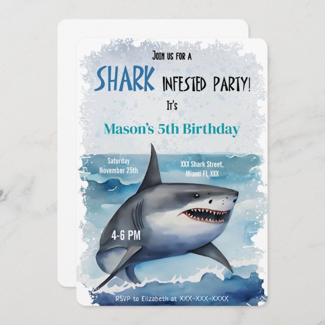 Invitation Requin d'anniversaire 5 (Devant / Derrière)