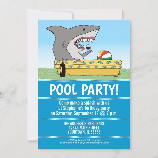 Invitation Requin drôle en fête d'anniversaire de piscine (Devant)