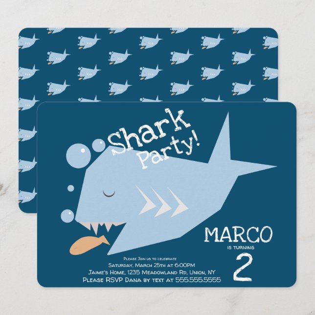 Invitation Requin mignon géométrique Poisson Anniversaire de  (Devant / Derrière)