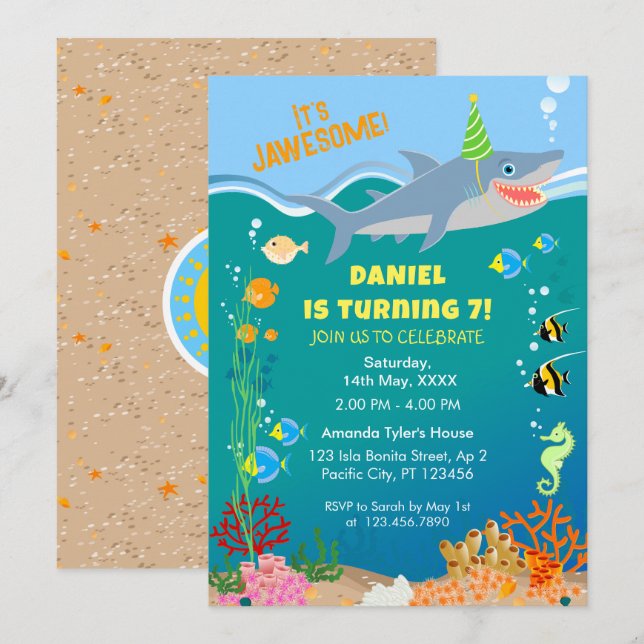Invitation Requin souriant sous la mer garçon Fête d'annivers (Devant / Derrière)
