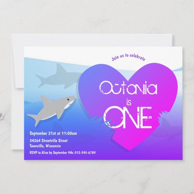 Invitation Requin violet rose première fête d'anniversaire In (Devant)