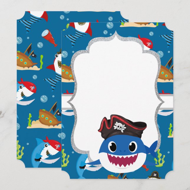 Invitation Requins adorables, dos bleu (Devant / Derrière)