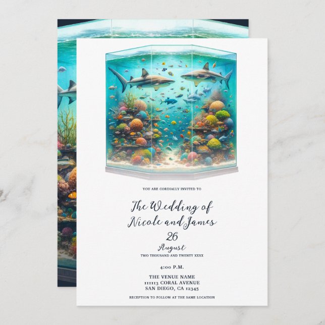 Invitation Requins et poissons Aquatic Aquarium Mariage (Devant / Derrière)