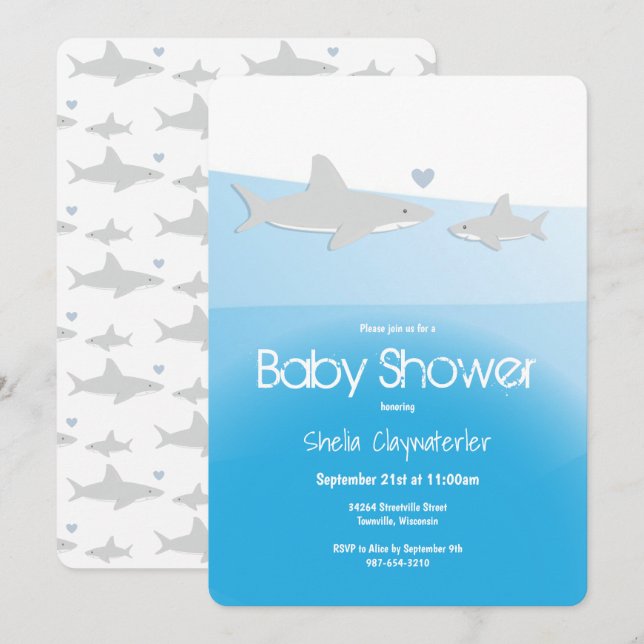 Invitation Requins mignons et Baby shower vertical océanique (Devant / Derrière)