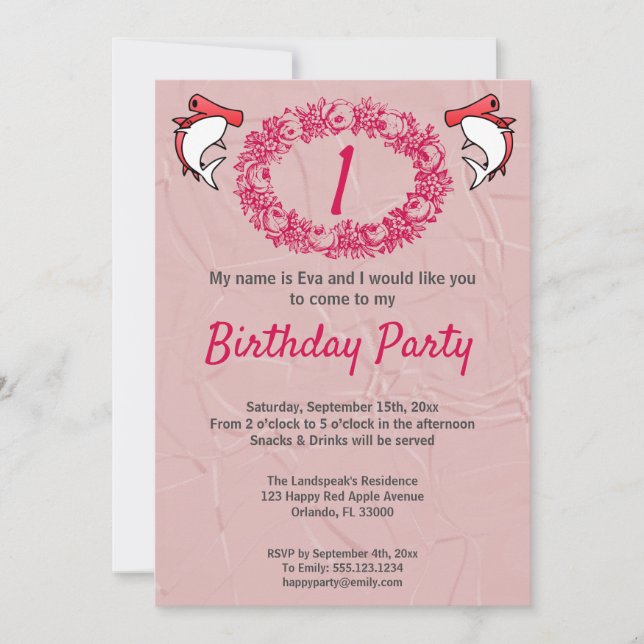 Invitation Requins rouges et couronne Rose 1er anniversaire (Devant)