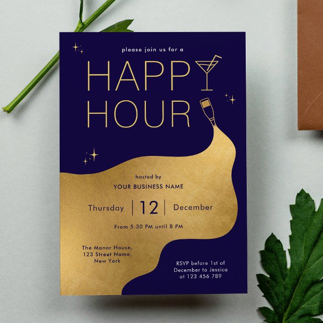 Invitation Réseau d'entreprise moderne Marine & Gold Happy Ho (Modern Navy & Gold Company Networking Happy Hour Invitation)
