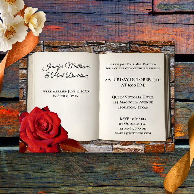 Invitation Réserver Rose rouge après la réception de mariage  (A romantic post wedding party invitation featuring a book and red rose on a brick background)