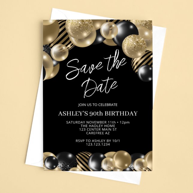 Invitation Réservez la Date 90e Anniversaire Black Gold (Créateur téléchargé)