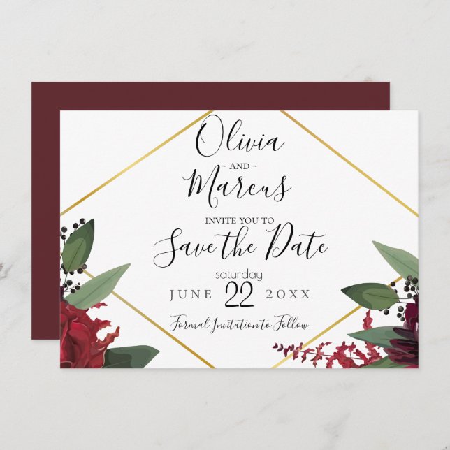 Invitation RÉSERVEZ LA DATE | Elégant Marsala Floral Bourgogn (Devant / Derrière)