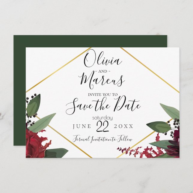Invitation RÉSERVEZ LA DATE | Elégant Marsala Floral Bourgogn (Devant / Derrière)