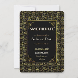 Invitation Réservez la date   Gold Black Roaring 20s Art Déco