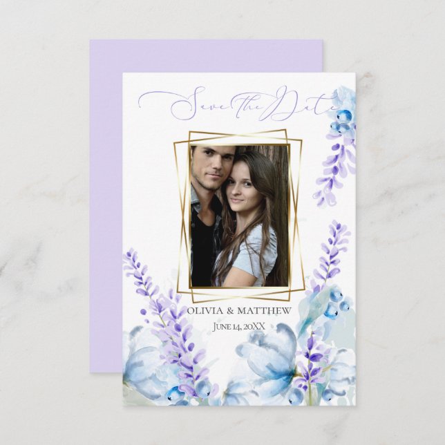 Invitation RÉSERVEZ LA DATE | Lavande d'aquarelle - bleu pous (Devant / Derrière)