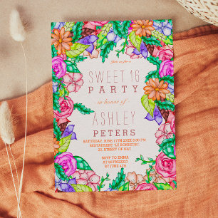 Invitation Ressort aquarelle florale main peinte Sweet 16