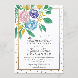 Invitation Ressort Floral or Confetti Aquarelle Quinceañera