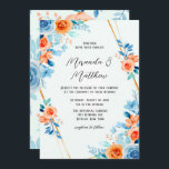 Invitation Ressort Peinture Bleu Orange Aquarelle Mariage Flo<br><div class="desc">J'espère que vous apprécierez ces Florales botaniques bleu clair et orange avec cadre géométrique or. Des produits correspondants et des invitations sont disponibles.</div>