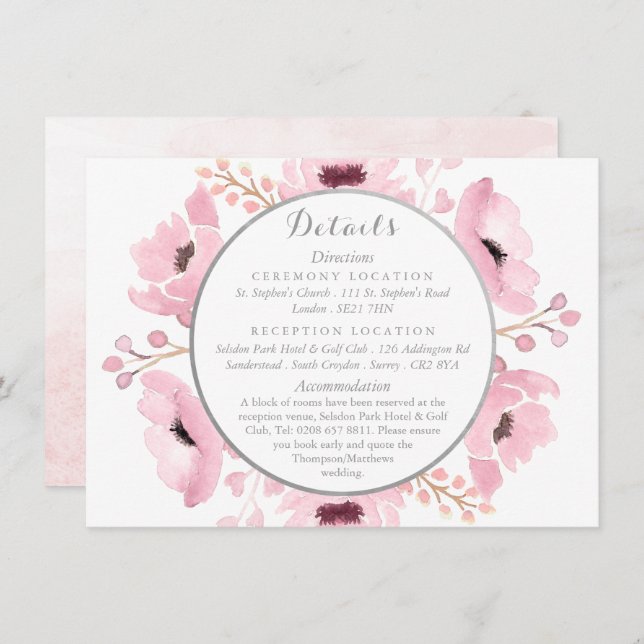 Invitation Ressort rose aquarelle Floral Détails du Mariage (Devant / Derrière)