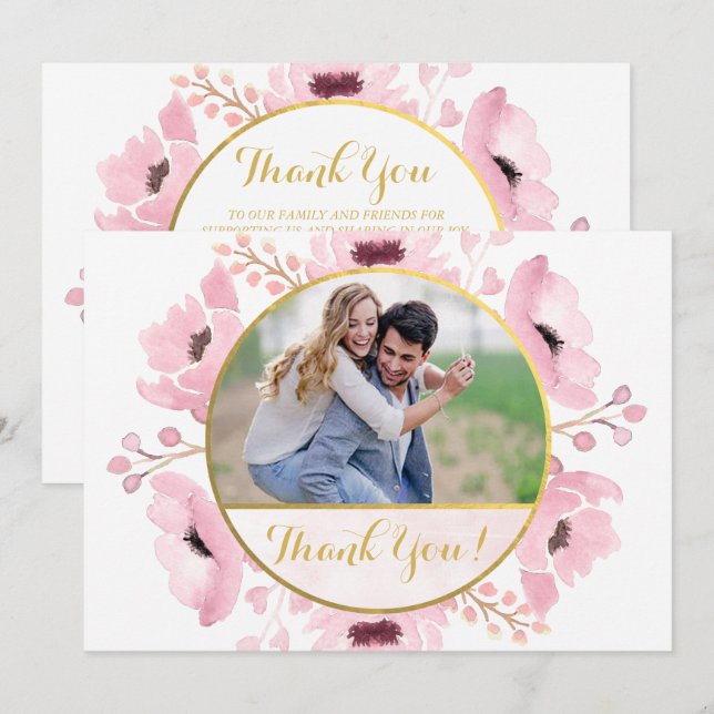 Invitation Ressort rose aquarelle Mariage Floral Merci (Devant / Derrière)