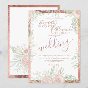 Invitation Ressort rose floral rose or bordure blanc mariage