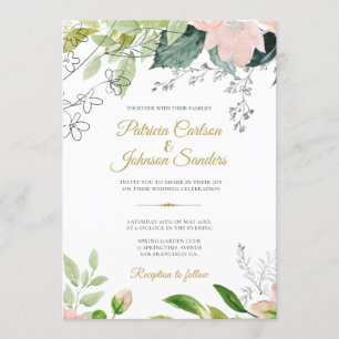 Invitation Ressort vert fleuri aquarelle mariage rustique
