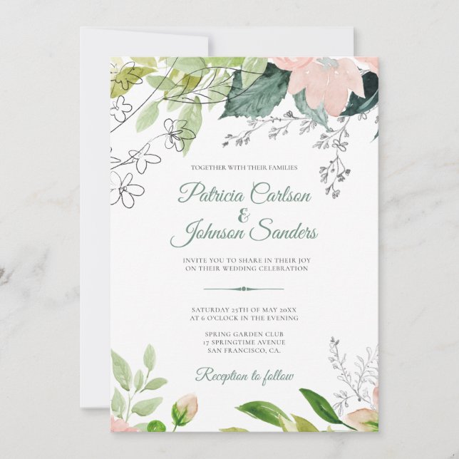 Invitation Ressort vert fleuri aquarelle mariage rustique (Devant)