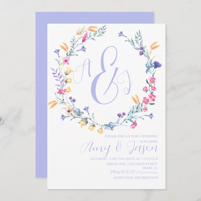 Invitation Ressort Wild Fleur Wreath Pastel Purple Mariage (Devant / Derrière)