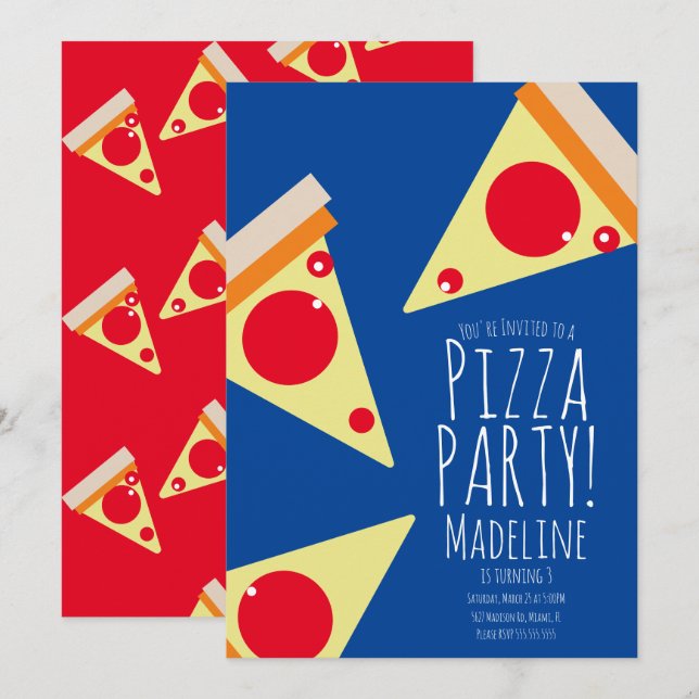 Invitation Restaurant Bleu Fête d'Anniversaire Pizza Gras (Devant / Derrière)