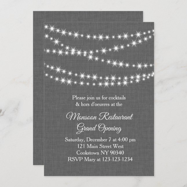 Invitation Restaurant Grand Ouverture Twinkle Lights grey (Devant / Derrière)