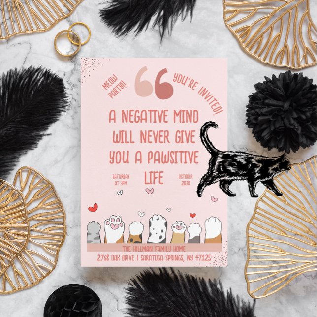 Invitation Restez positif Pawsitive Cat Theme Party (Créateur téléchargé)