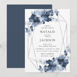 Invitation Résumé Fleurs d'Indigo Mariage Cadre Géométrique