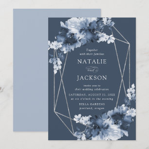 Invitation Résumé Fleurs Indigo Mariage Cadre Géométrique