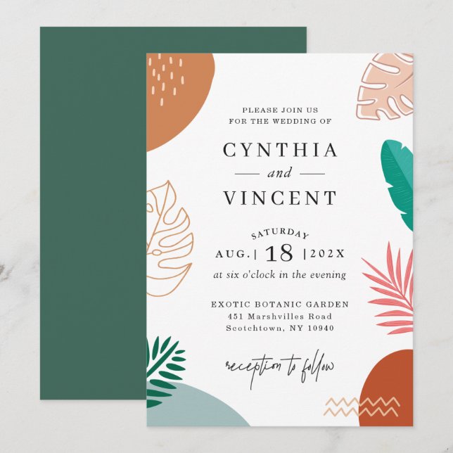 Invitation Résumé moderne Feuilles tropicaux Mariage d'été (Devant / Derrière)
