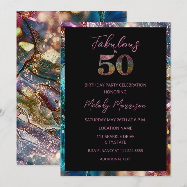 Invitation Résumé Pailleté Coloré 50e Anniversaire (Devant / Derrière)