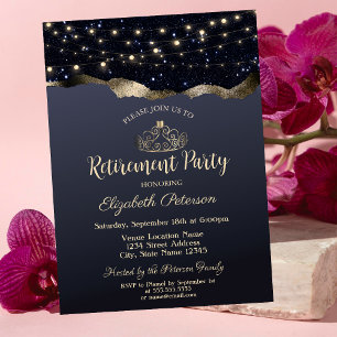 Invitation Résumé Paillettes Noires, Lumières, Fête de Retrai