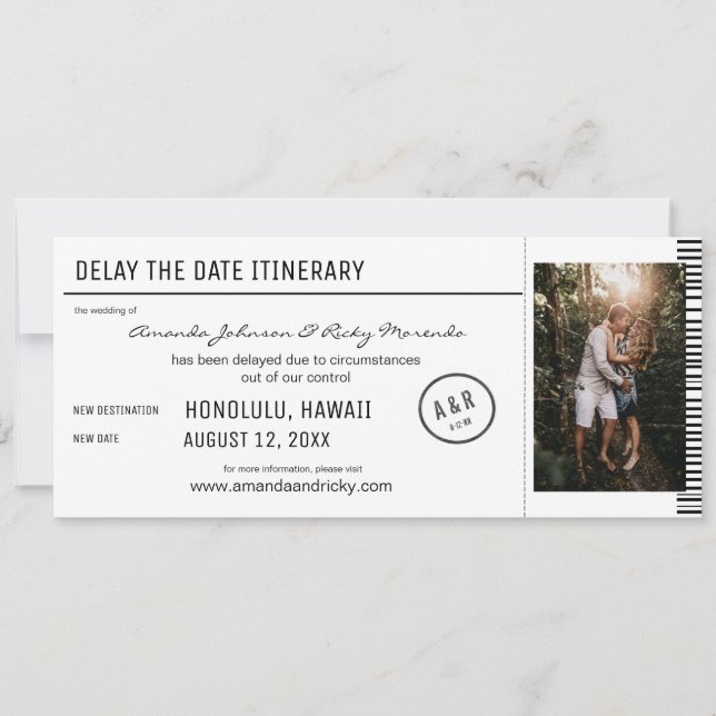 Invitation Retarder la date Photo Black & White Destination (Devant)