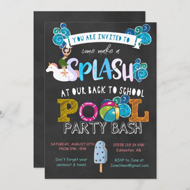 Invitation Retour à la fête de la piscine scolaire (Devant / Derrière)