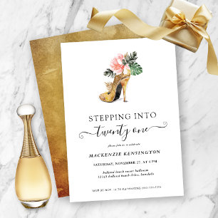 Invitation Retour En 21 Talons D'Or Floral Chic Anniversaire