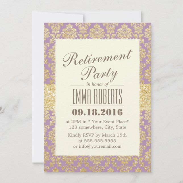 Invitation Retraite Classy Gold & Violet Damask (Devant)