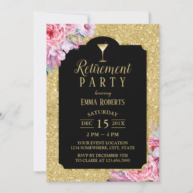 Invitation Retraite Cocktail Party Or moderne Floral (Devant)