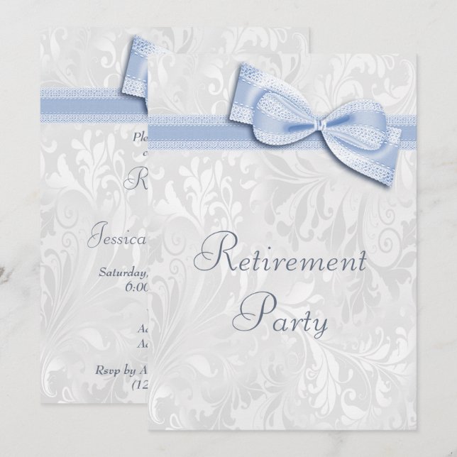 Invitation Retraite Damassé Bleu et Nœud Faux (Devant / Derrière)