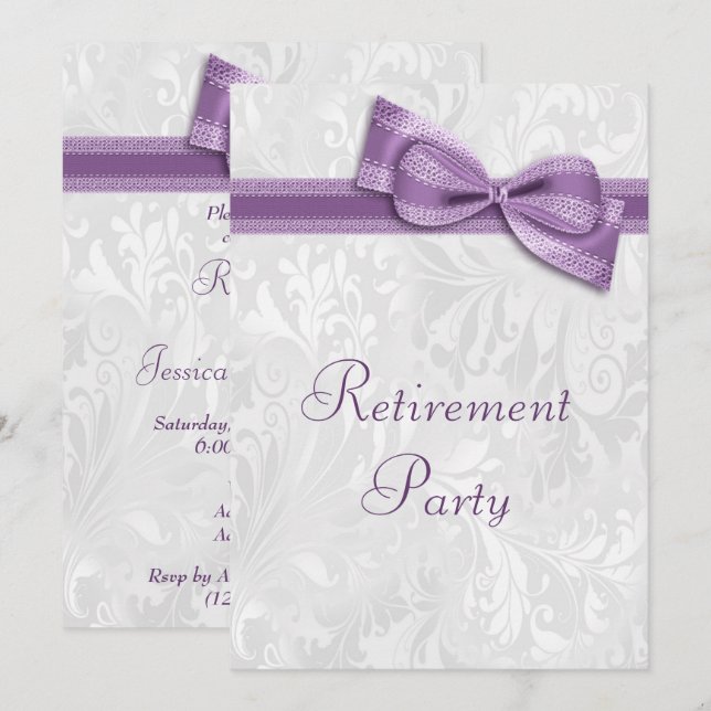 Invitation Retraite Damassé Violet et Nœud Faux (Devant / Derrière)