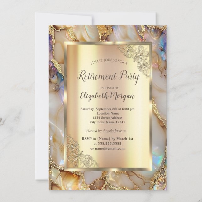 Invitation Retraite de marbre de perle de paillettes d'or élé (Devant)