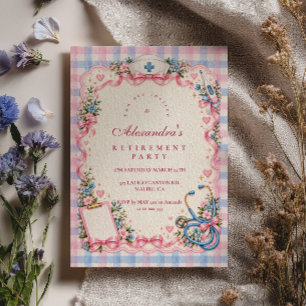 Invitation Retraite d'infirmière à carreaux rose et bleu