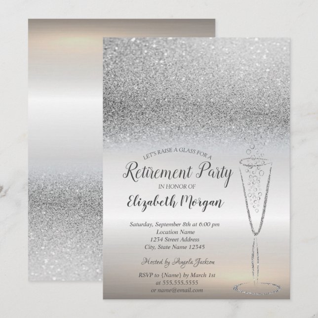 Invitation Retraite élégante avec bokeh de paillettes d'argen (Devant / Derrière)