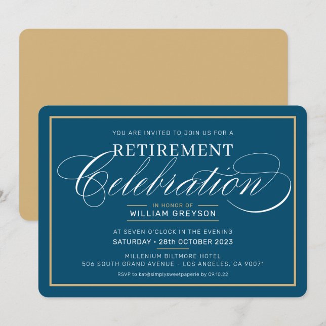 Invitation RETRAITE ÉLÉGANTE DÎNER moderne or bleu foncé (Devant / Derrière)