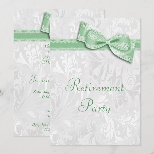 Invitation Retraite en damas vert et faux nœud (Devant / Derrière)