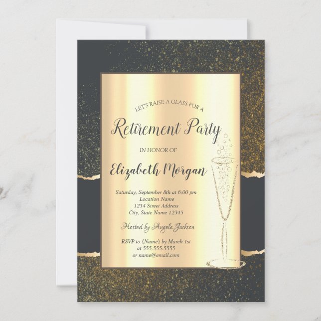 Invitation Retraite en verre de Champagne Gold Confetti éléga (Devant)